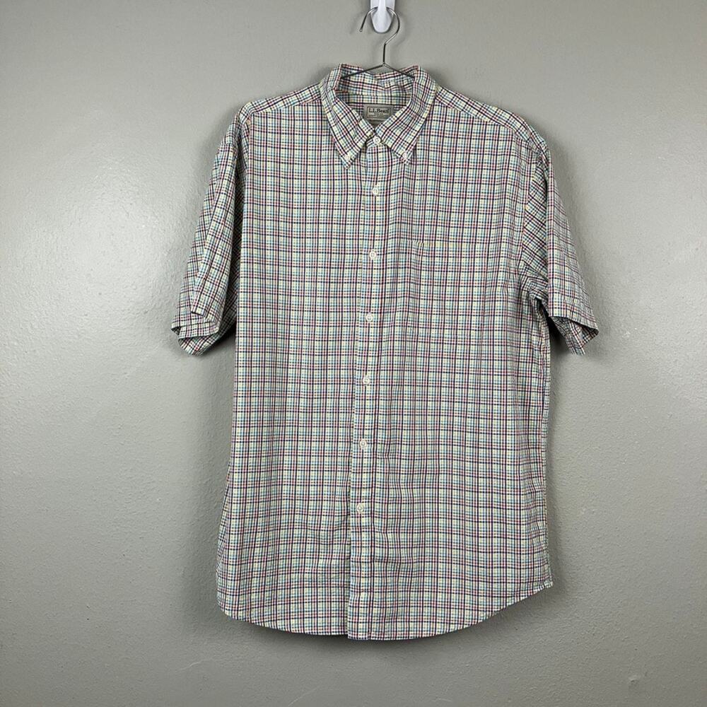 LL Bean Mens L Colorful Plaid Button Down Short Sleeve